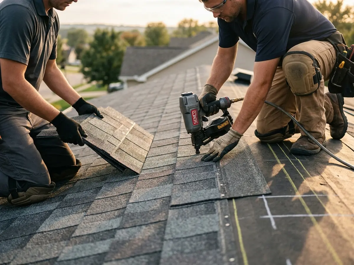 Professional roofer working on a residential roof in Lake Stevens